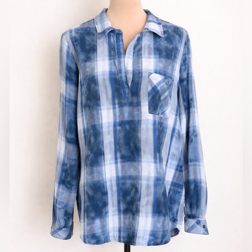 Side Stitch Blue Plaid Popover Shirt XL Lightweight Cotton Tie Dye Top